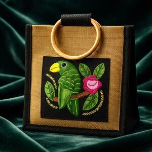 Parrot Straw / Burlap Bag WIth Hand Appliqué Parrot / Parrot head Retro